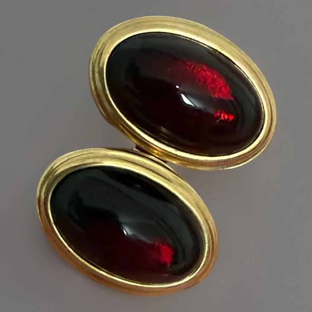 Vtg Krementz Gold Overlay Cuff Links Garnet Colored Glass Cabochon Jeweled Flips